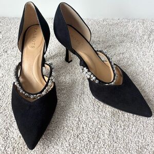 Talbots Evelyn Pearl Pumps Black Suede Pointed Toe Diamond Strap Formal